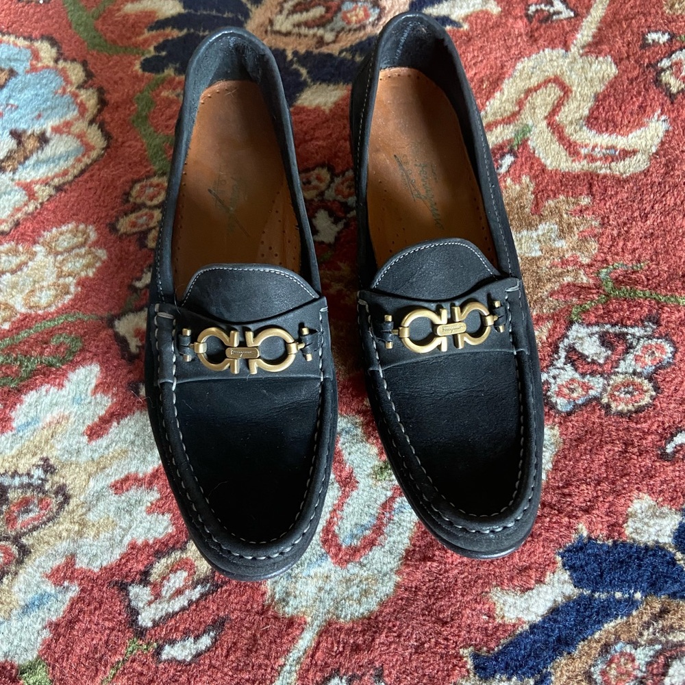Ferragamo Suede Black Loafers with Gold Buckle